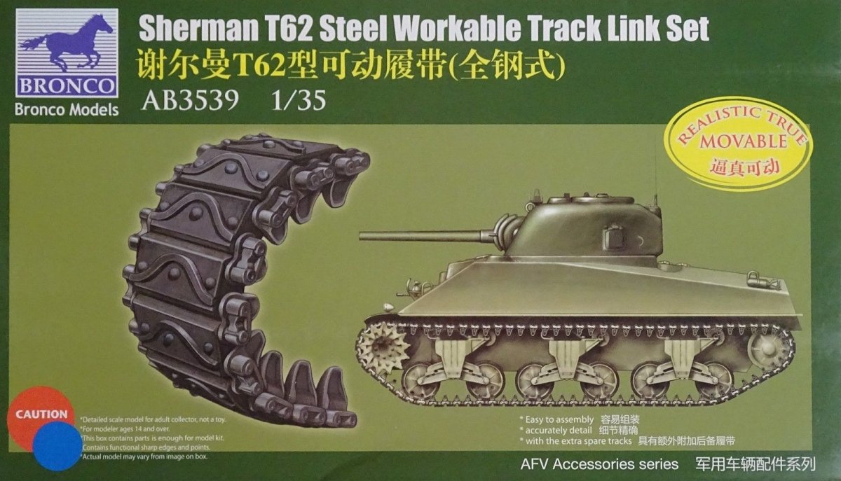 Bronco AB3539 SHERMAN T62 Kit de maillons de chenille fonctionnels en acier 1/35