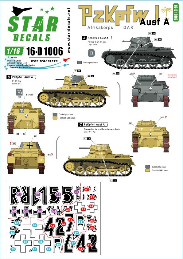 Star Decals 16-D1006 PzKpfw I Ausf A allemand 1/16