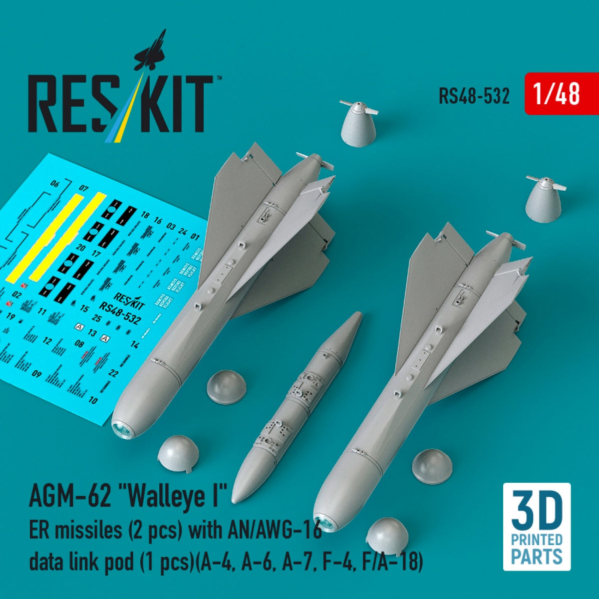RESKIT RS48-0532 AGM-62 "Walleye I" ER missiles (2 pcs) with AN/AWG-16 data link pod (1 pcs) (A-4, A-6, A-7, F-4, F/A-18) (3D Printed) 1/48