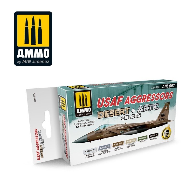 Munitions Mig Jimenez 7234 USAF AGGRESSORS, couleurs désert et arctique, lot de 6 x 17 ml