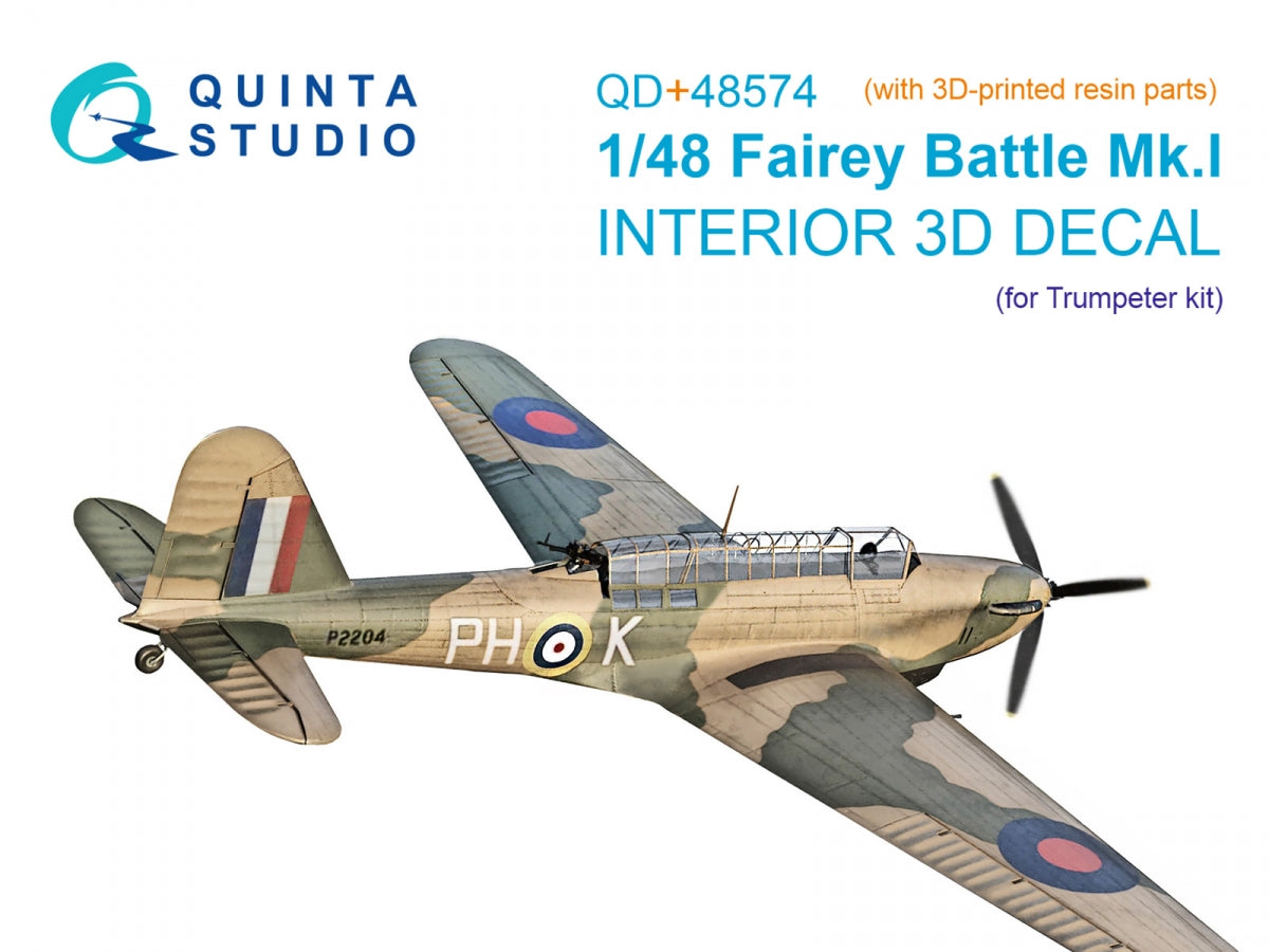 Quinta Studio QD+48574 Fairey Battle Mk.I Intérieur imprimé en 3D et coloré sur papier décalcomanie (Trumpeter) (avec pièces en résine imprimées en 3D) 1/48