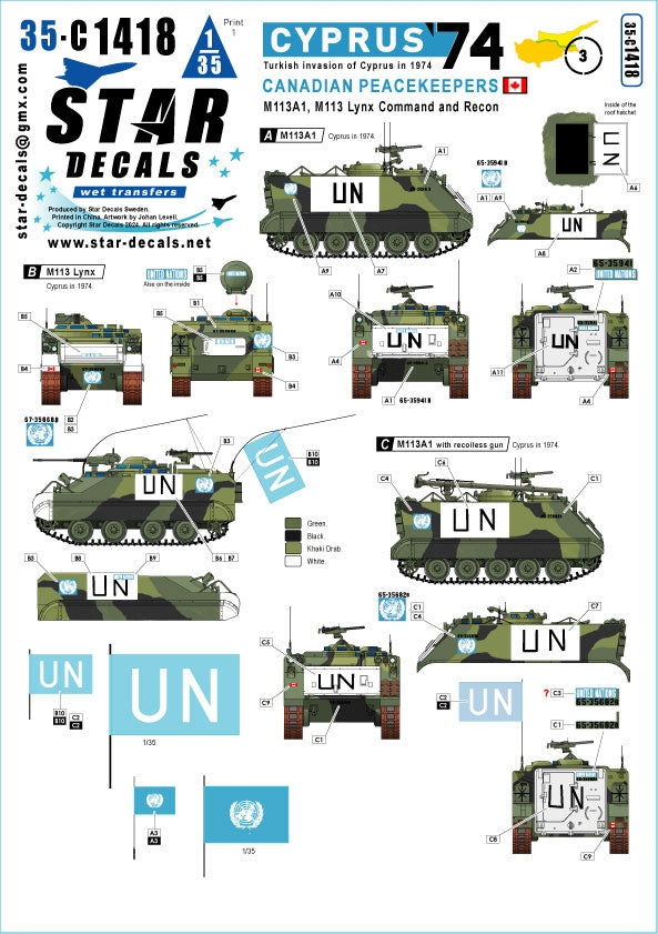 Star Decals 35-C1418 Chypre 74 3. Invasion turque de Chypre en 1974. Casques bleus canadiens. M113A1, M113A1 avec canon sans recul et M113 Lynx Command Recon 1/35 