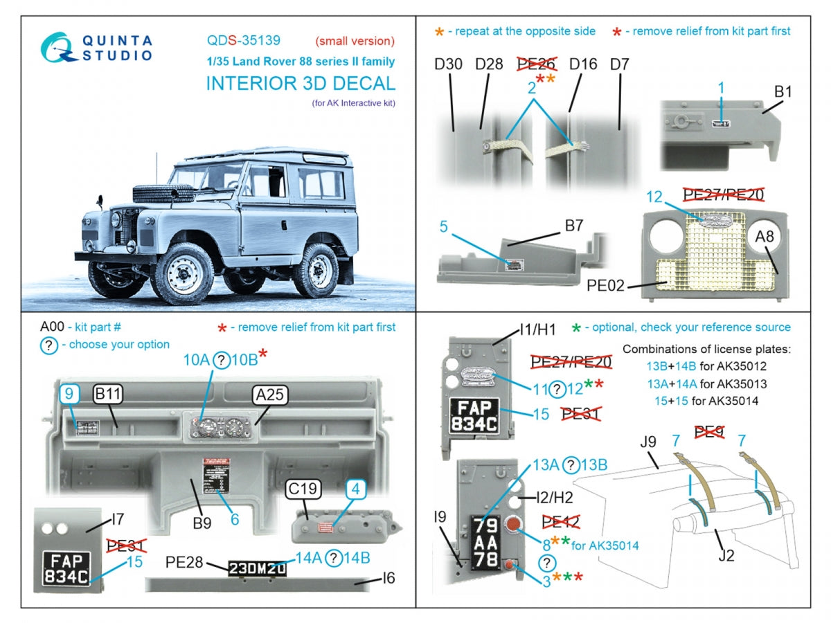 Quinta Studio QDS-35139 Land Rover 88 series II family 3D-Printed & coloured Interior on decal paper (AK Interactive) (Small version) 1/35