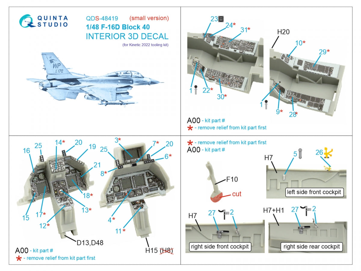 Intérieur imprimé en 3D et coloré pour le F-16D Block 40 de Quinta Studio (outil Kinetic 2022) (petite version) à l&amp;#39;échelle 1/48 – immagine 2