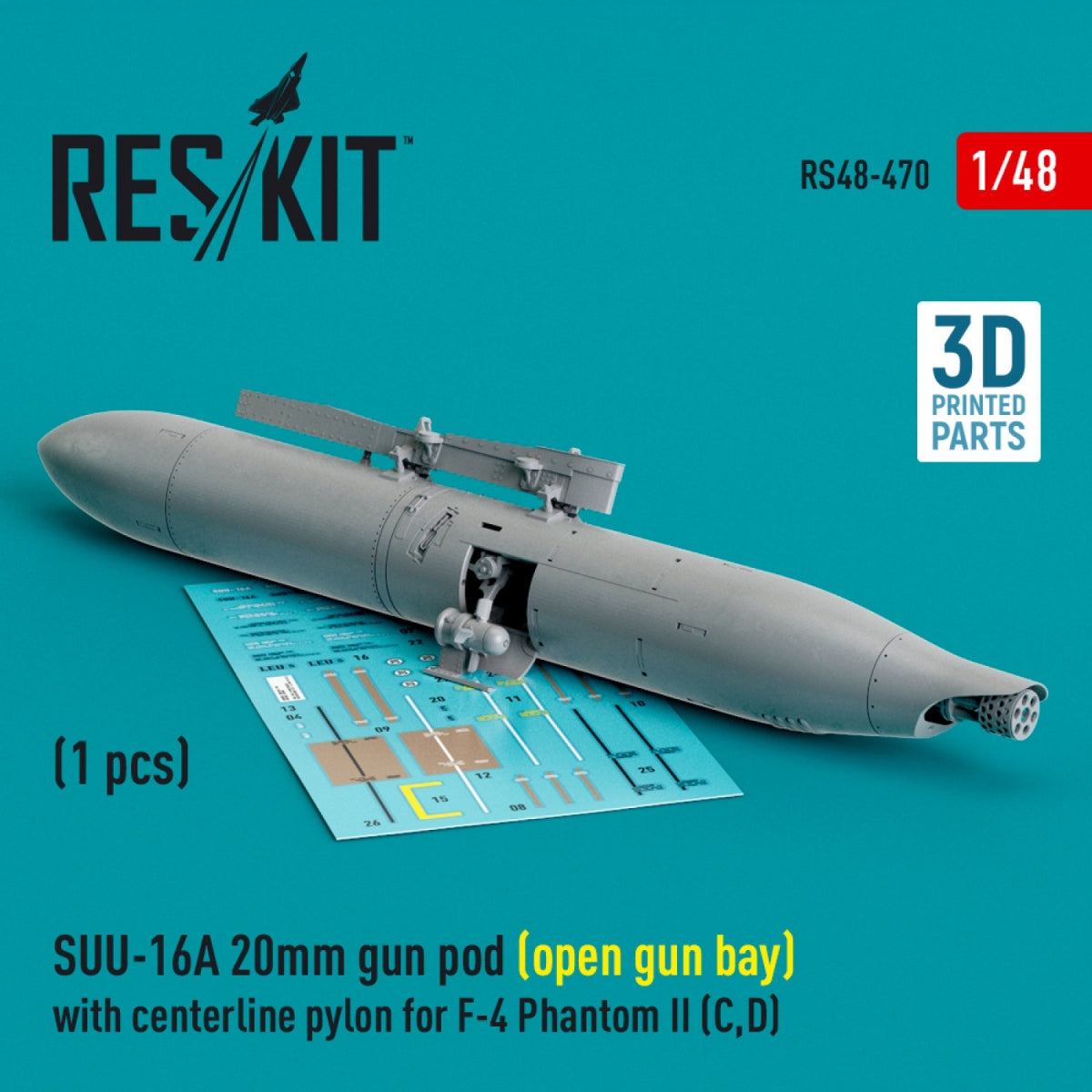 RESKIT RS48-0470 Nacelle de canon SUU-16A de 20 mm (baie ouverte) avec pylône central pour F-4 Phantom II (C,D) (1 pièce) (Impression 3D) 1/48 – image 2
