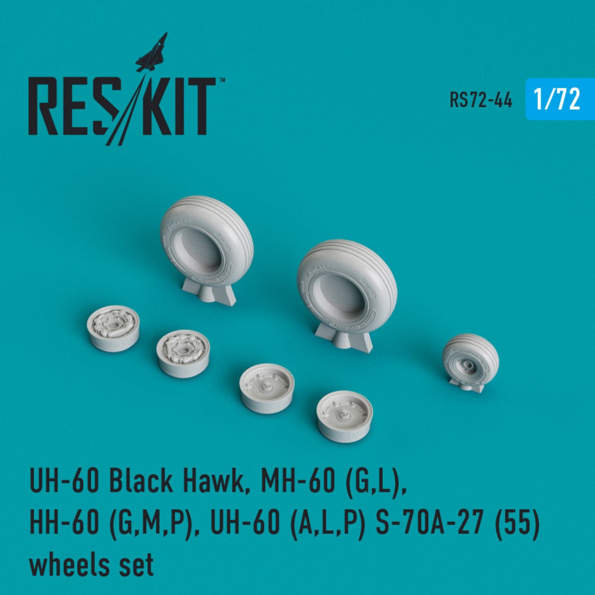 RESKIT RS72-0044 UH-60 BLACK HAWK/MH-60 (G,L)/HH-60 (G,M,P)/UH-60 (A,L,P)/S-70A-27 (55) JEU DE ROUES (LESTÉ) 1/72