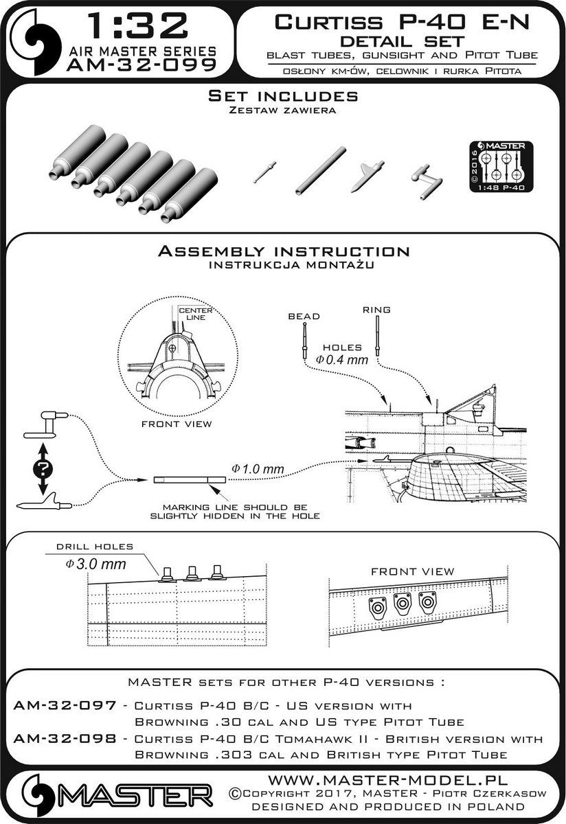 Master AM-32-099 Curtiss P-40 E - N - ensemble de détails - caches MG, viseur et tube pitot (1/32) – Bild 4