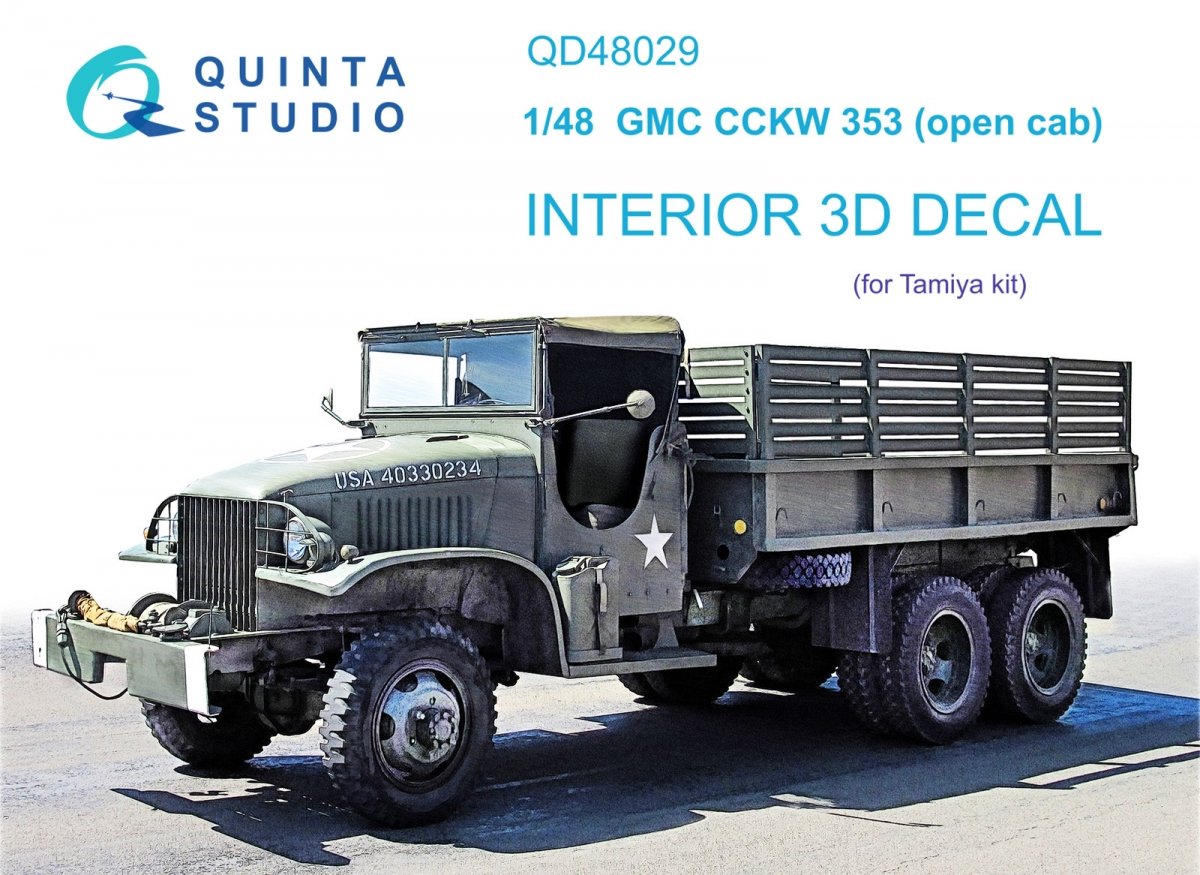 Intérieur imprimé en 3D et coloré sur papier décalcomanie Quinta Studio QD48029 GMC CCKW 353 (cabine ouverte) (Tamiya) 1/48