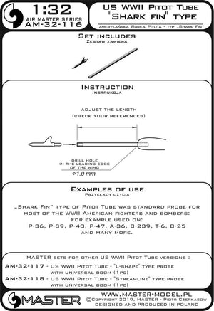 Tube Pitot américain Master AM-32-116 de la Seconde Guerre mondiale - Type « aileron de requin » (1 pièce) - utilisé sur les P-36, P-39, P-40, P-47, A-36, B-239, T-6, B-25 et bien d&amp;#39;autres - Échelle 1/32 – Bild 4