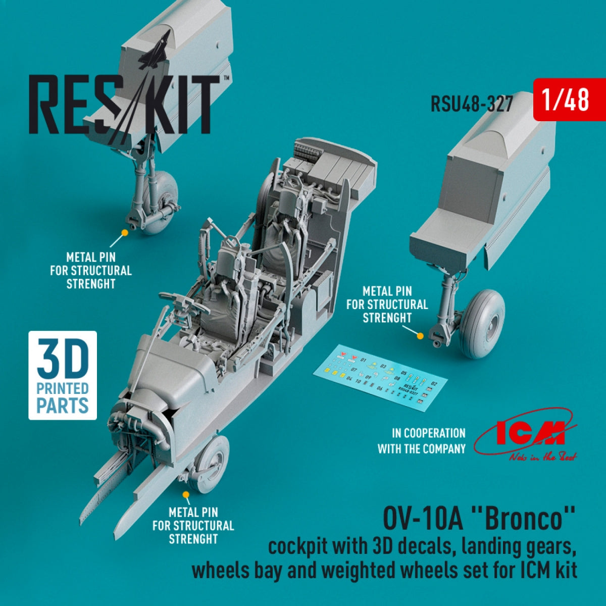 RESKIT RSU48-0327 OV-10A « BRONCO » COCKPIT AVEC DÉCALCOMANIES 3D, TRAIN D&amp;#39;ATTERRISSAGE, BAIE DE ROUE ET JEU DE ROUE LESTÉ POUR MAQUETTE ICM (IMPRIMÉ EN 3D) 1/48