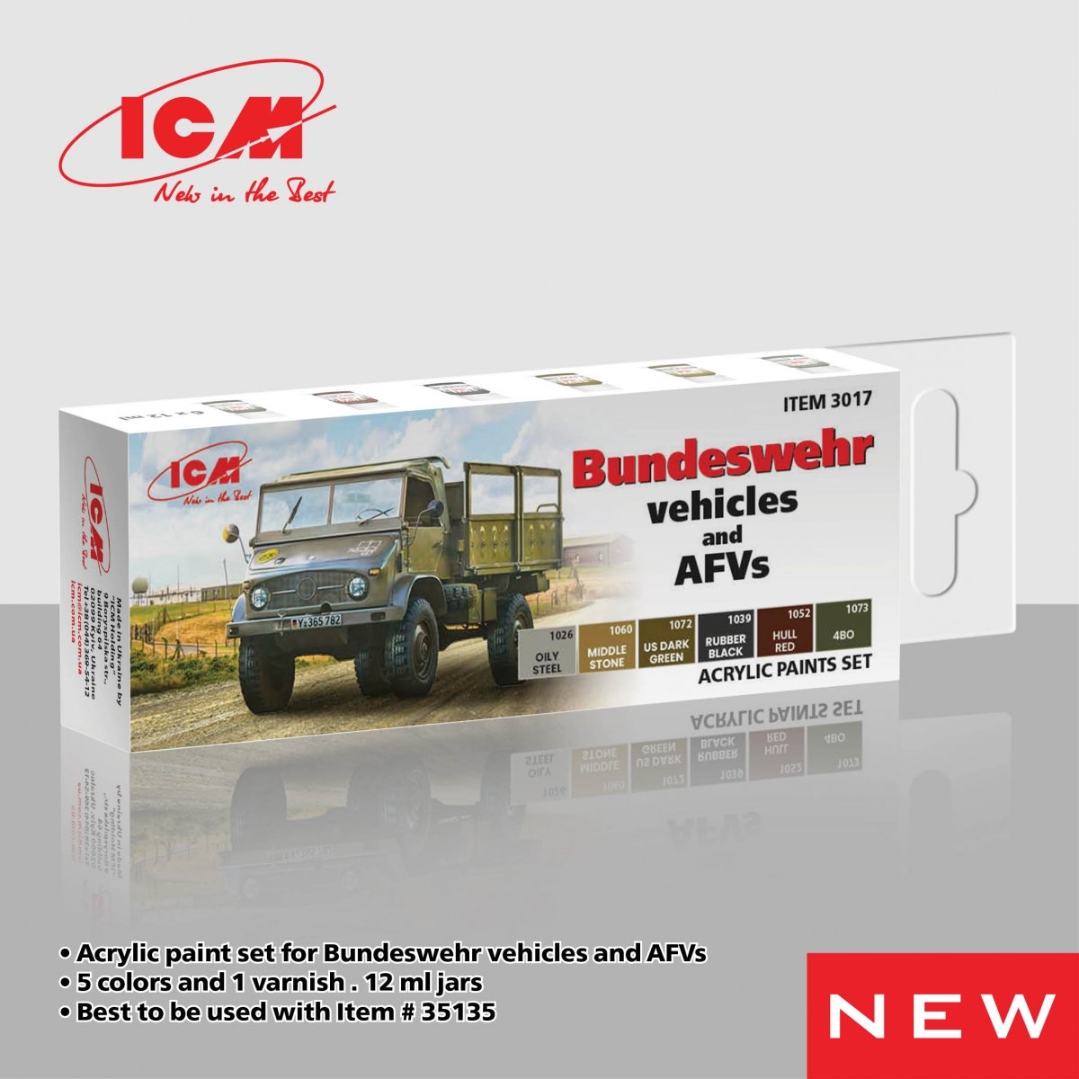 Kit de peinture acrylique ICM 3017 pour véhicules de la Bundeswehr et véhicules blindés (6 x 12 ml).
