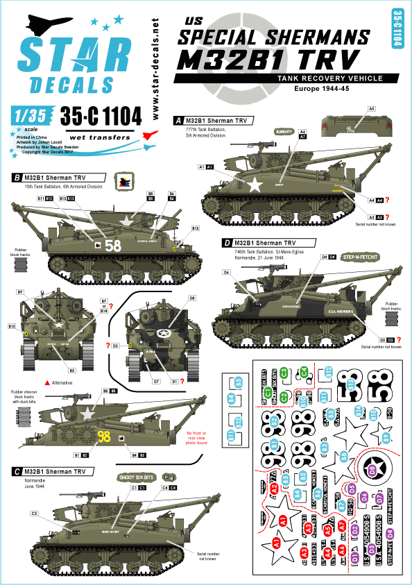 Star Decals 35-C1104 Shermans spéciaux américains - M32B1 TRV 1/35