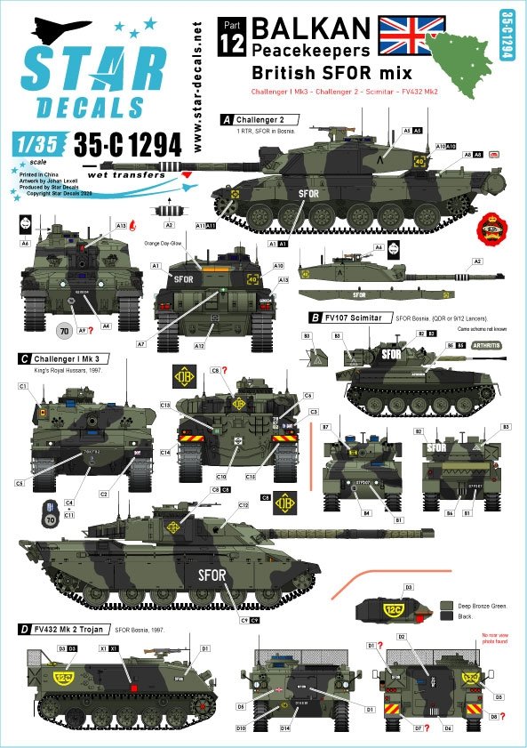 Star Decals 35-C1294 : Mélange de véhicules des forces spéciales britanniques (SFOR). Bosnie. Challenger I Mk 3, Challenger 2, Scimitar CVR(T) et FV432 Mk 2. Échelle 1/35.