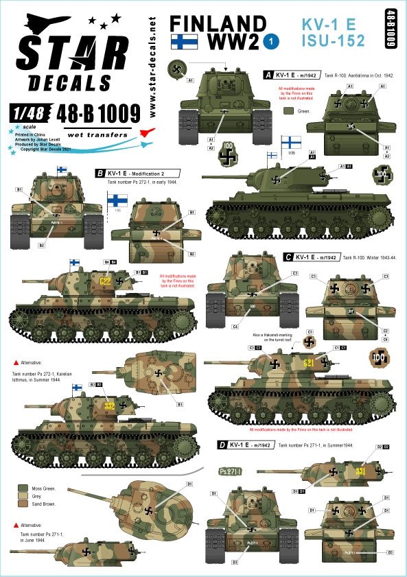 Star Decals 48-B1009 Finlande Seconde Guerre mondiale n° 1. Chars lourds KV-1E et ISU-152 1/48