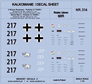 Weikert Decal DEC314 TIGER I - Otto Carius - char 217 - Schwere Pz. Env. 502, Narva - Lettonie, avril 1944 - ver.1 1/35