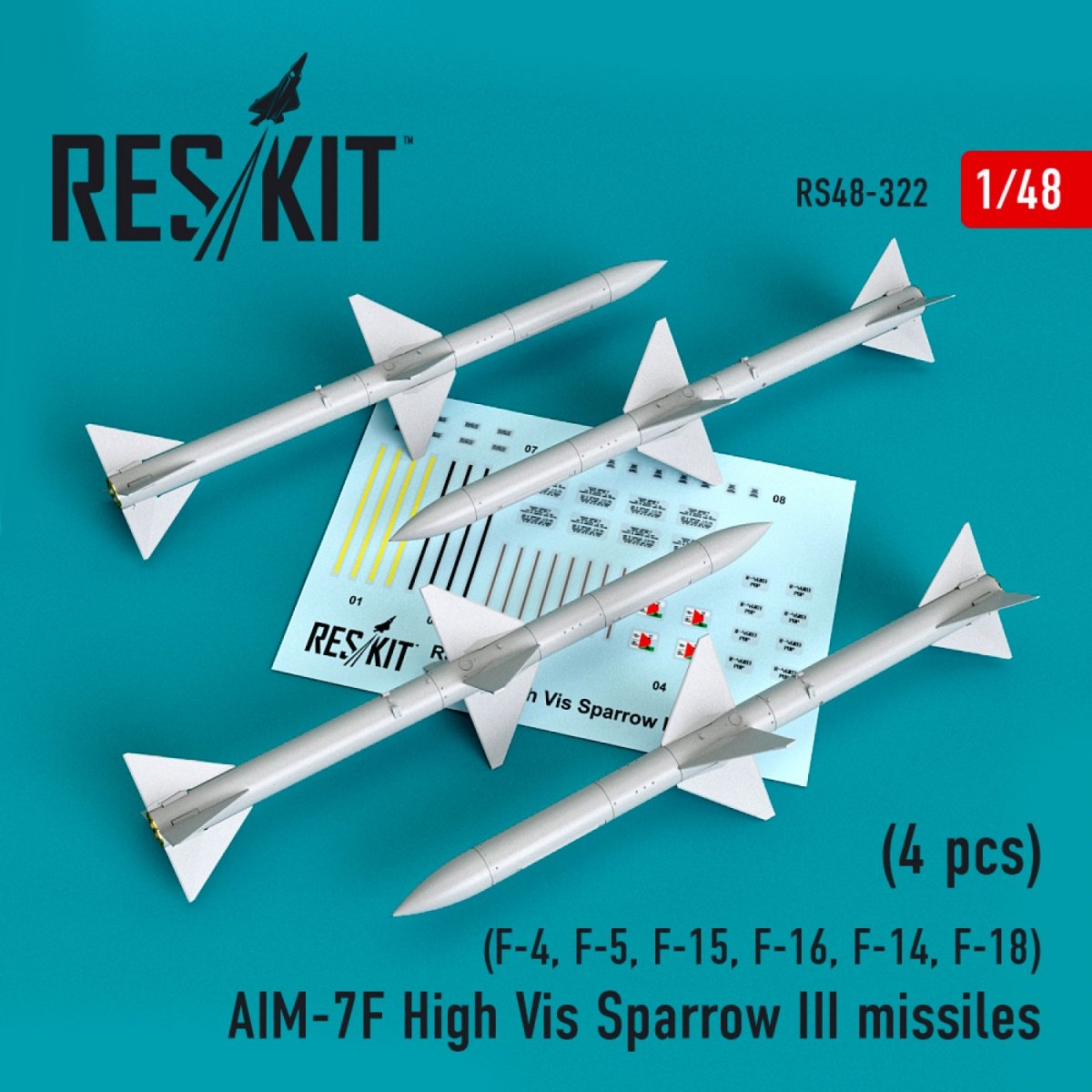 RESKIT RS48-0322 MISSILES AIM-7F HAUTE VISIBILITÉ SPARROW III (4 PIÈCES) 1/48