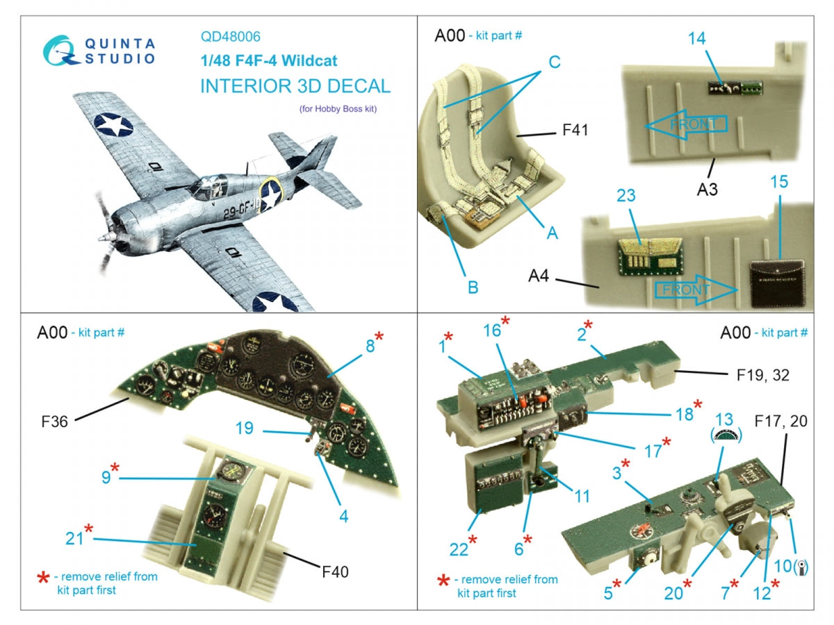 Intérieur coloré imprimé en 3D sur papier décalcomanie pour le F4F-4 Wildcat de Quinta Studio QD48006 (HobbyBoss) à l&amp;#39;échelle 1/48 – image 2