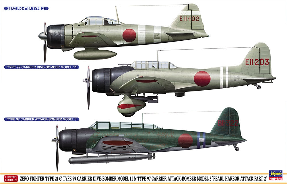 Hasegawa 07504 Chasseur Zero Type 21 + Bombardier en piqué embarqué Type 99 Modèle 11 + Bombardier d'attaque embarqué Type 97 Modèle 3 Attaque de Pearl Harbor Partie 2 1/48