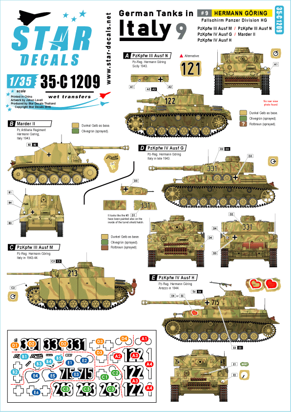 Star Decals 35-C1209 Chars allemands en Italie n° 9. Hermann Göring 1/35