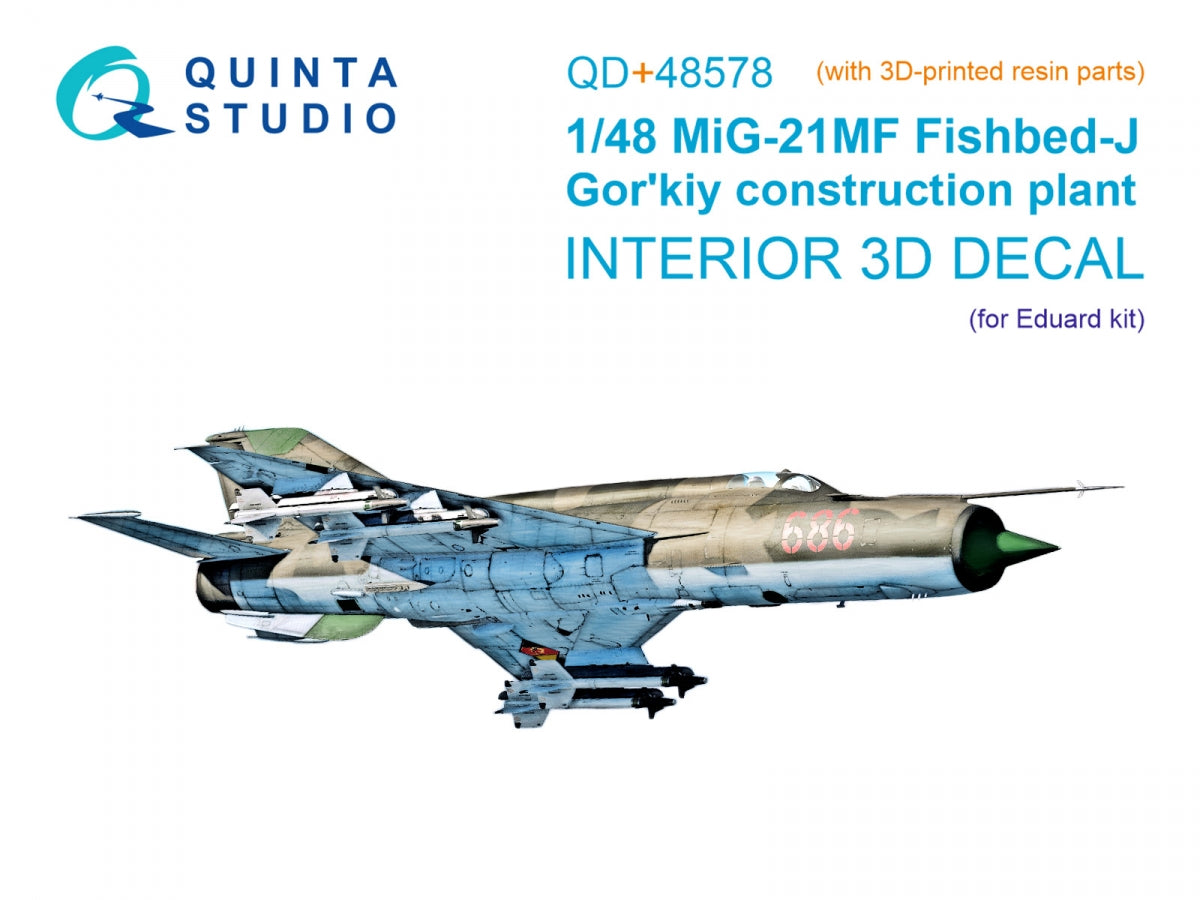 Quinta Studio QD+48578 MiG-21MF Fishbed-J (usine de Gorkiy) Intérieur imprimé en 3D et coloré sur papier décalcomanie (Eduard) (avec pièces en résine imprimées en 3D) 1/48
