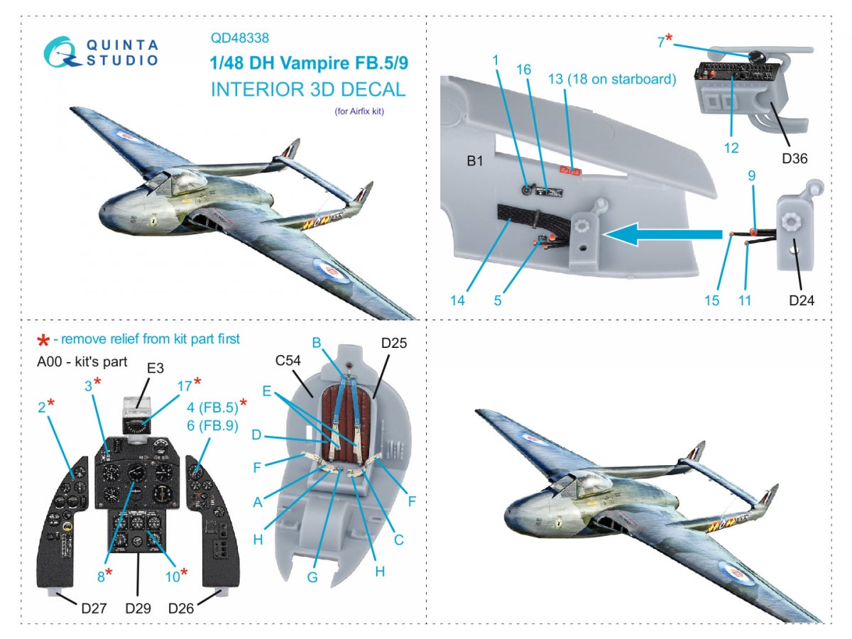 Quinta Studio QD48338 DH Vampire FB.5/FB.9 Intérieur coloré imprimé en 3D sur papier décalcomanie (Airfix) 1/48 – image 2