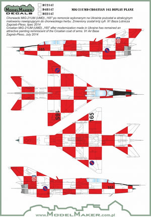 Décalcomanies ModelMaker D48147 MiG-21UMD CROATE 165 Avion d&amp;#39;exposition 1/48