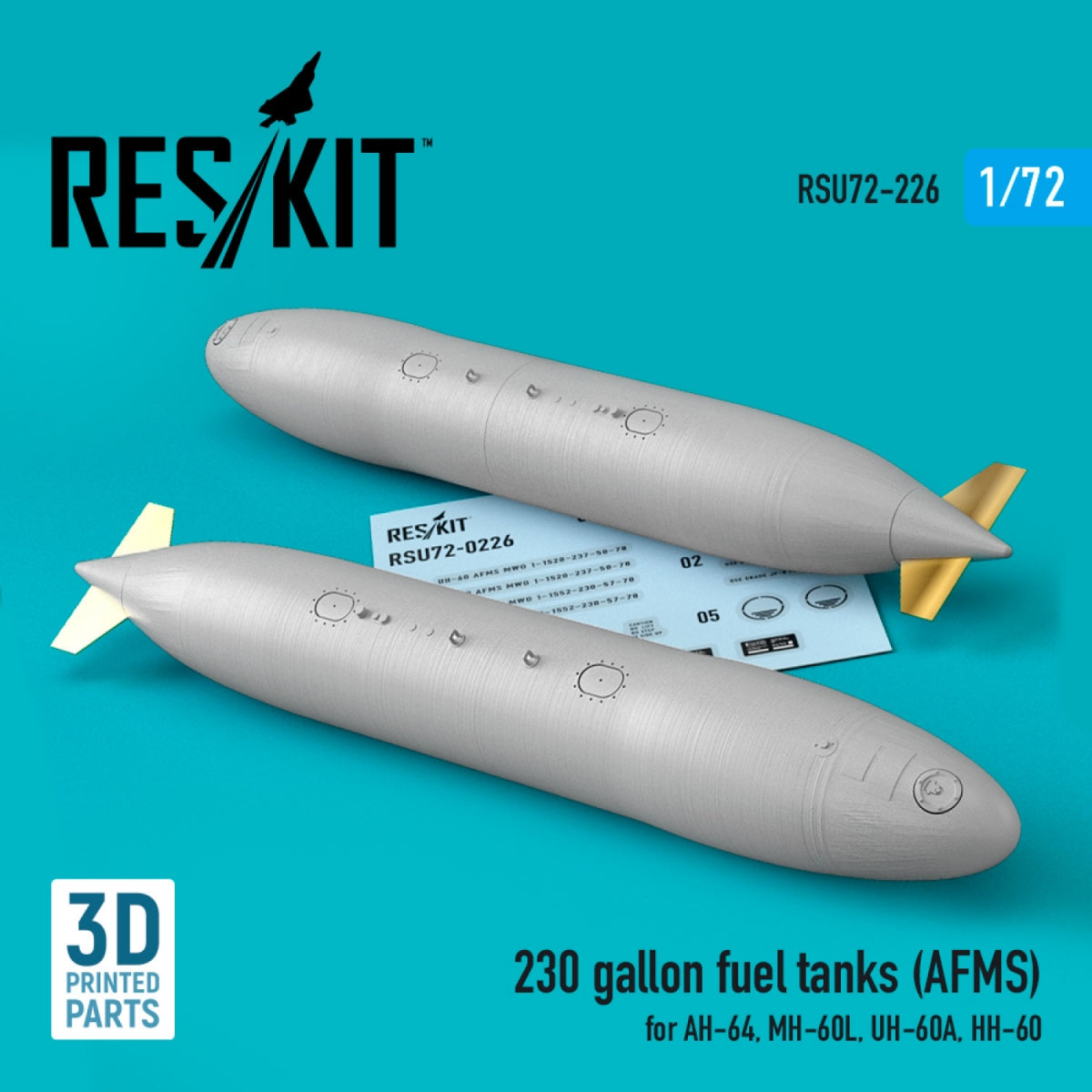 Réservoirs de carburant RESKIT RSU72-0226 de 230 gallons (AFMS) pour AH-64, MH-60L, UH-60A, HH-60 (2 pièces) (impression 3D) 1/72