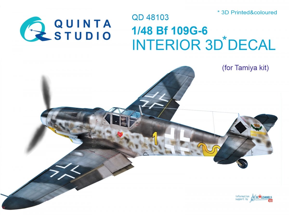 Intérieur imprimé en 3D et coloré sur papier décalcomanie Quinta Studio QD48103 Bf 109G-6 (pour maquette Tamiya) 1/48