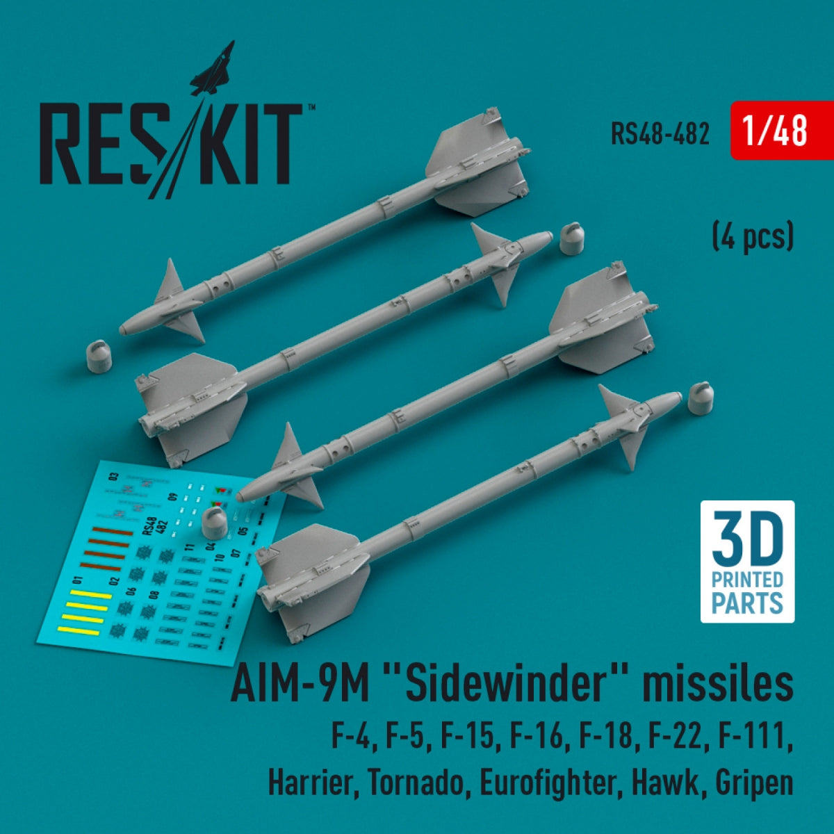 Missiles RESKIT RS48-0482 AIM-9M « Sidewinder » (4 pièces) (Impression 3D) 1/48
