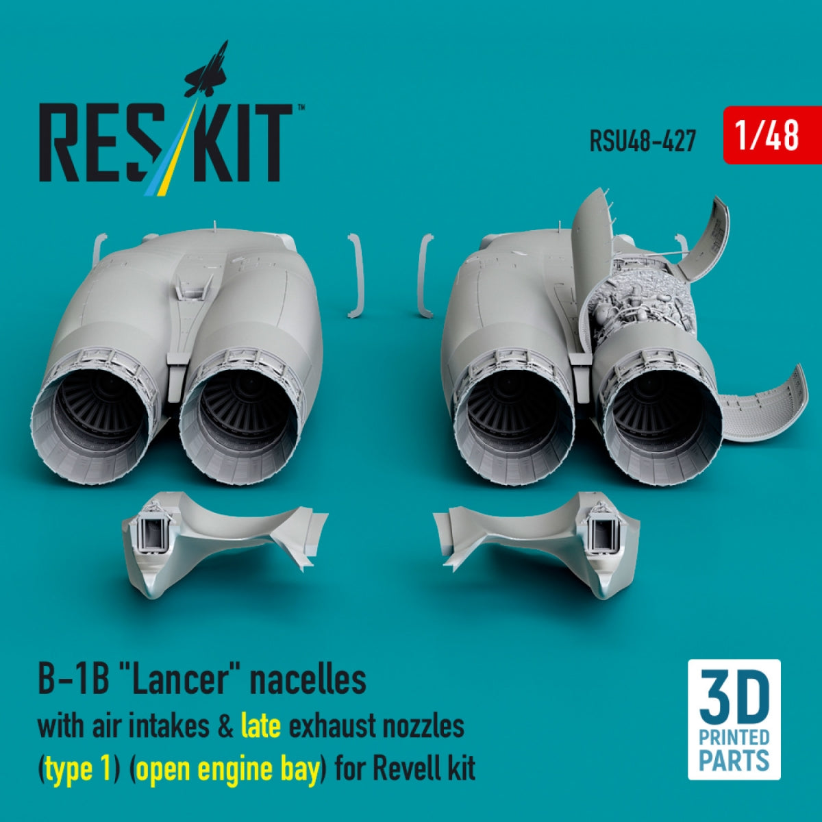 RESKIT RSU48-0427 B-1B "Lancer" nacelles with air intakes &amp; late exhaust nozzles (type 1) (open engine bay) for Revell kit (3D Printed) 1/48