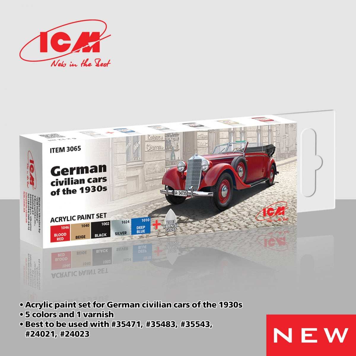 Coffret de peinture acrylique ICM 3065 pour voitures civiles allemandes des années 1930, 12 ml x 6