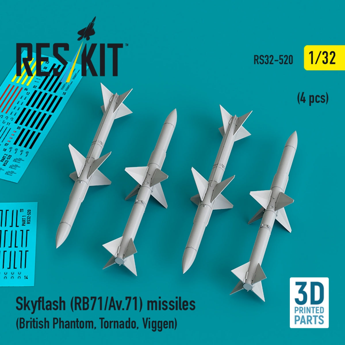RESKIT RS32-0520 Missiles Skyflash (RB71/Av.71) (4 pcs) (imprimé en 3D) 1/32