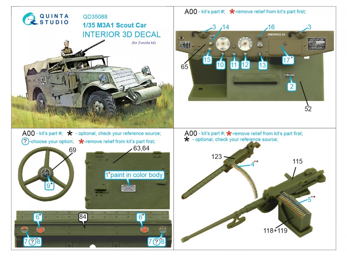 Intérieur imprimé en 3D et coloré sur papier décalcomanie Quinta Studio QD35088 M3A1 Scout (Zvezda) 1/35 – Bild 2