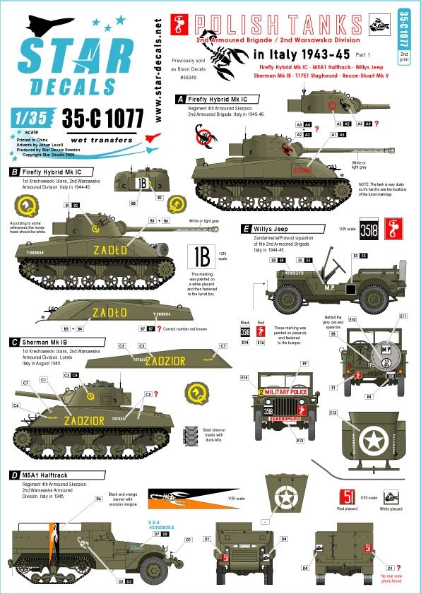 Star Decals 35-C1077 Chars polonais en Italie n° 1 1/35
