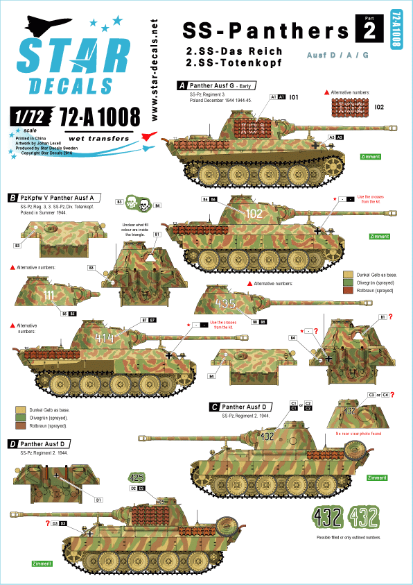 Star Decals 72-A1008 SS-Panthères (2) SS-Das Reich et 3. SS-Totenkopf. 1/72