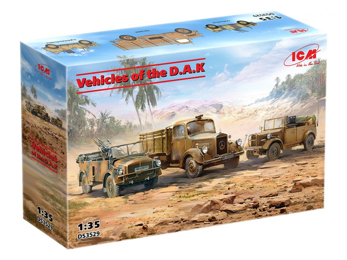 ICM DS3529 Véhicules du DAK (sEPkw Kfz.70 avec Zwillingssockel 36, Typ L3000S, le.gl.Einheitz-Pkw Kfz.2) 1/35
