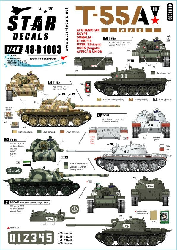 Star Decals 48-B1003 Chars T-55A n° 3. Guerre. Utilisés lors des conflits en Afrique, au Moyen-Orient et en Afghanistan. Échelle 1/48.