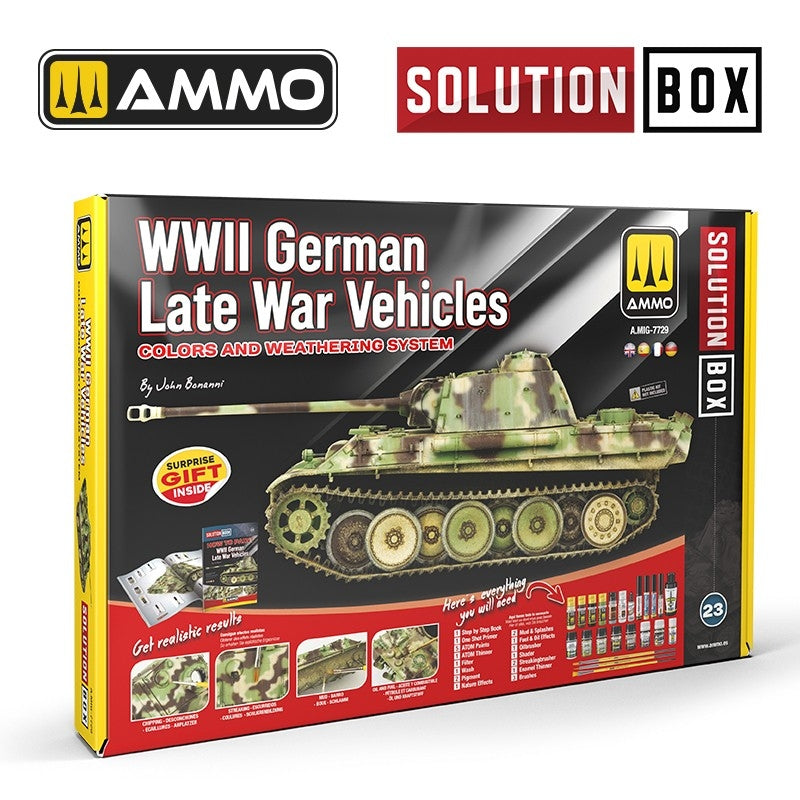 AMMO de Mig Jimenez 7729 SOLUTION BOX 23 – Véhicules allemands de fin de guerre de la Seconde Guerre mondiale. Système de couleurs et de vieillissement