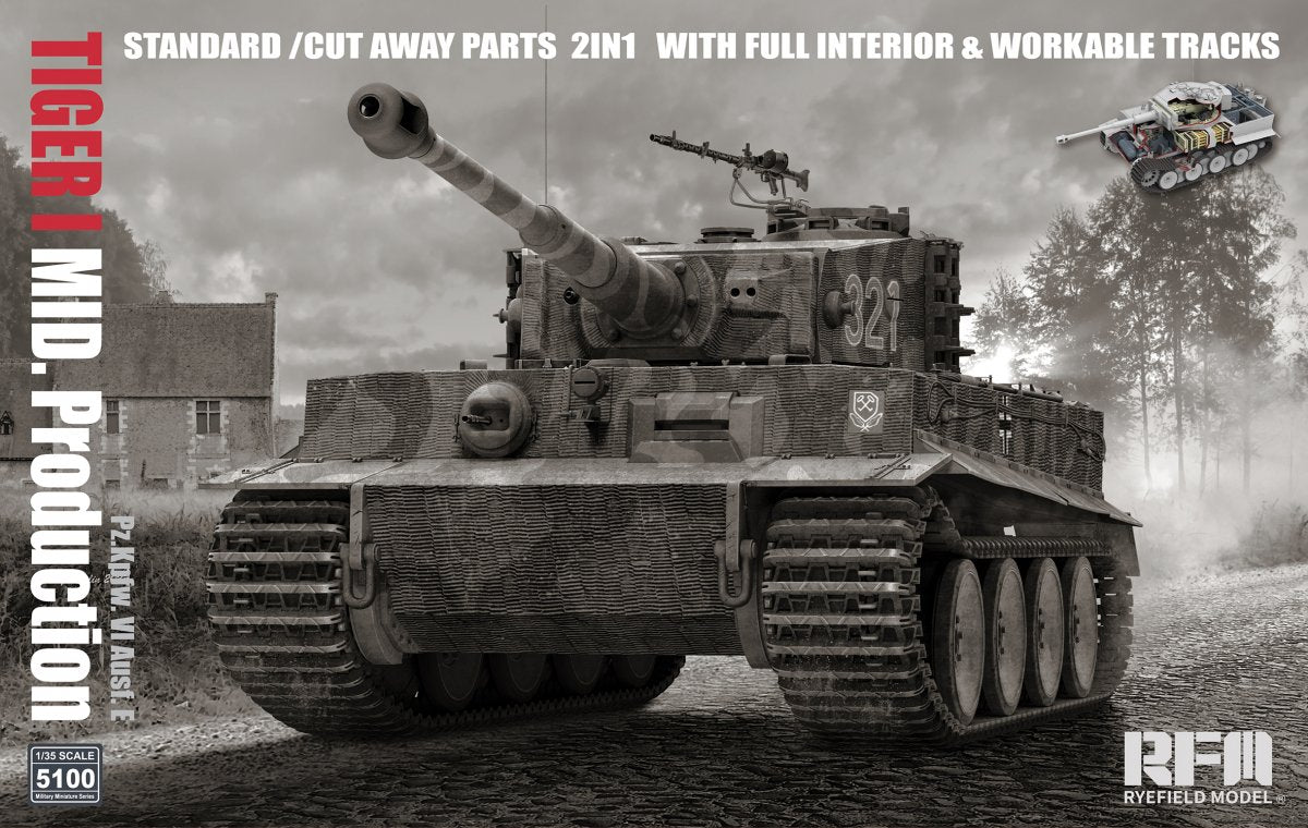 Rye Field Modèle 5100 TIGER I MID. Production STANDARD/PIÈCES À COUPER 2 EN 1 AVEC INTÉRIEUR COMPLET ET CHENILLES FONCTIONNELLES 1/35