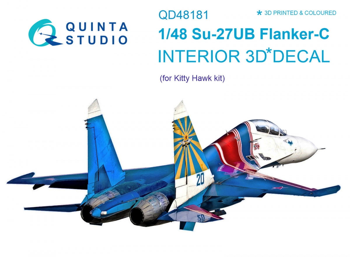 Intérieur coloré imprimé en 3D sur papier décalcomanie Quinta Studio QD48181 Su-27UB (pour kit KittyHawk) 1/48