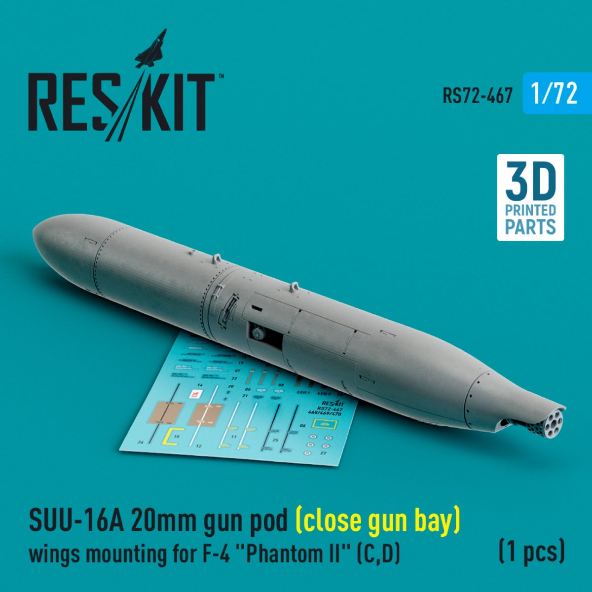 RESKIT RS72-0467 SUU-16A Nacelle de canon de 20 mm (baie fermée) avec fixation sur les ailes pour F-4 Phantom II (C, D) (1 pièce) (Impression 3D) 1/72