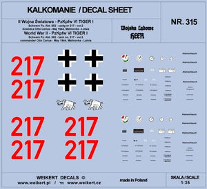 Weikert Decal DEC315 TIGER I - Otto Carius - char 217 - Schwere Pz. Env. 502, Malinovka - Lettonie, mai 1944 - ver.2 1/35