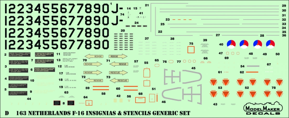 Décalcomanies ModelMaker D48163 Pays-Bas F-16 Insignes et pochoirs, jeu générique 1/48 – immagine 3