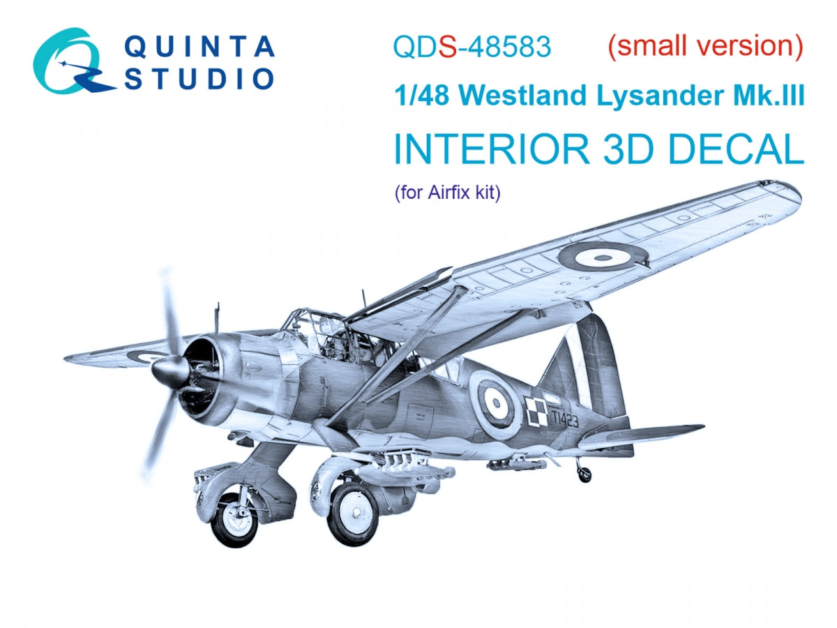 Intérieur imprimé en 3D et coloré sur papier décalcomanie Quinta Studio QDS-48583 Westland Lysander Mk.III (Airfix) (petite version) 1/48