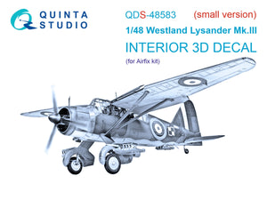 Intérieur imprimé en 3D et coloré sur papier décalcomanie Quinta Studio QDS-48583 Westland Lysander Mk.III (Airfix) (petite version) 1/48