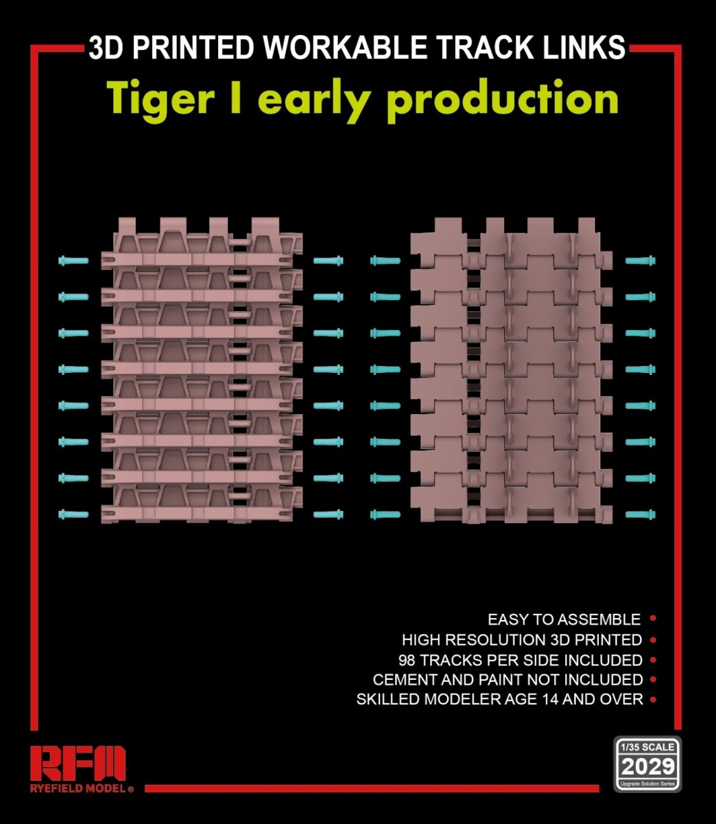 Rye Field Model 2029 TIGER I PREMIÈRE PRODUCTION 3D, CHENILLES FONCTIONNELLES, MAILLONS IMPRIMÉS EN 3D, ÉCHELLE 1/35