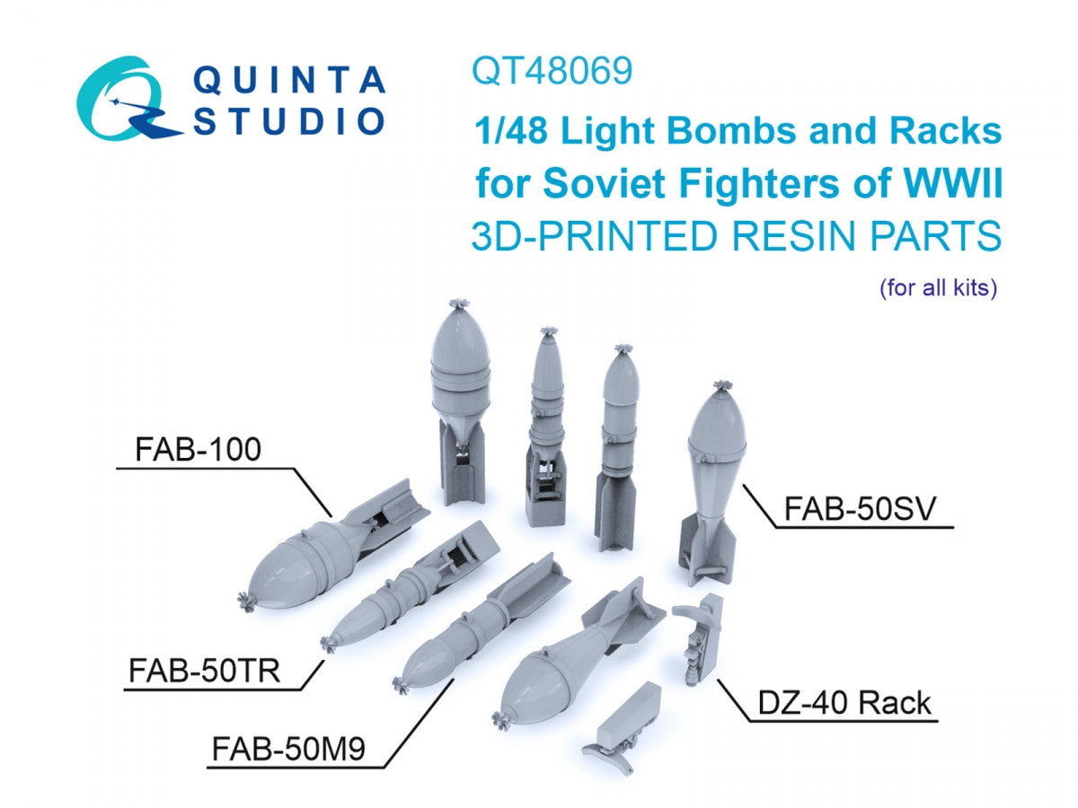 Quinta Studio QT48069 Bombes des familles FAB-100 et FAB-50, supports DZ-40 pour chasseurs de l&amp;#39;Armée rouge, Seconde Guerre mondiale (tous les kits) 1/48