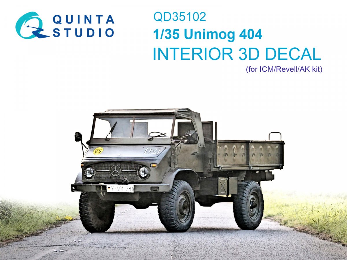 Intérieur imprimé en 3D et coloré sur papier décalcomanie (ICM) Quinta Studio QD35102 Unimog 404 à l&amp;#39;échelle 1/35