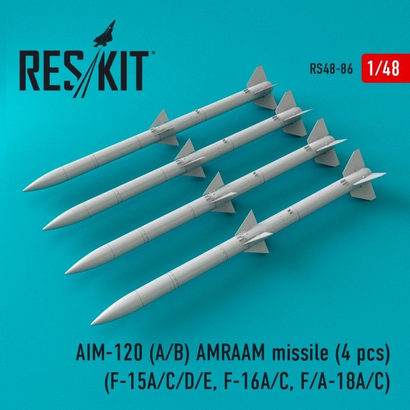 RESKIT RS48-0086 Missile AMRAAM AIM-120 (A/B) (4 pièces) (F-15A/C/D/E, F-16A/C, F/A-18A/C) 1/48