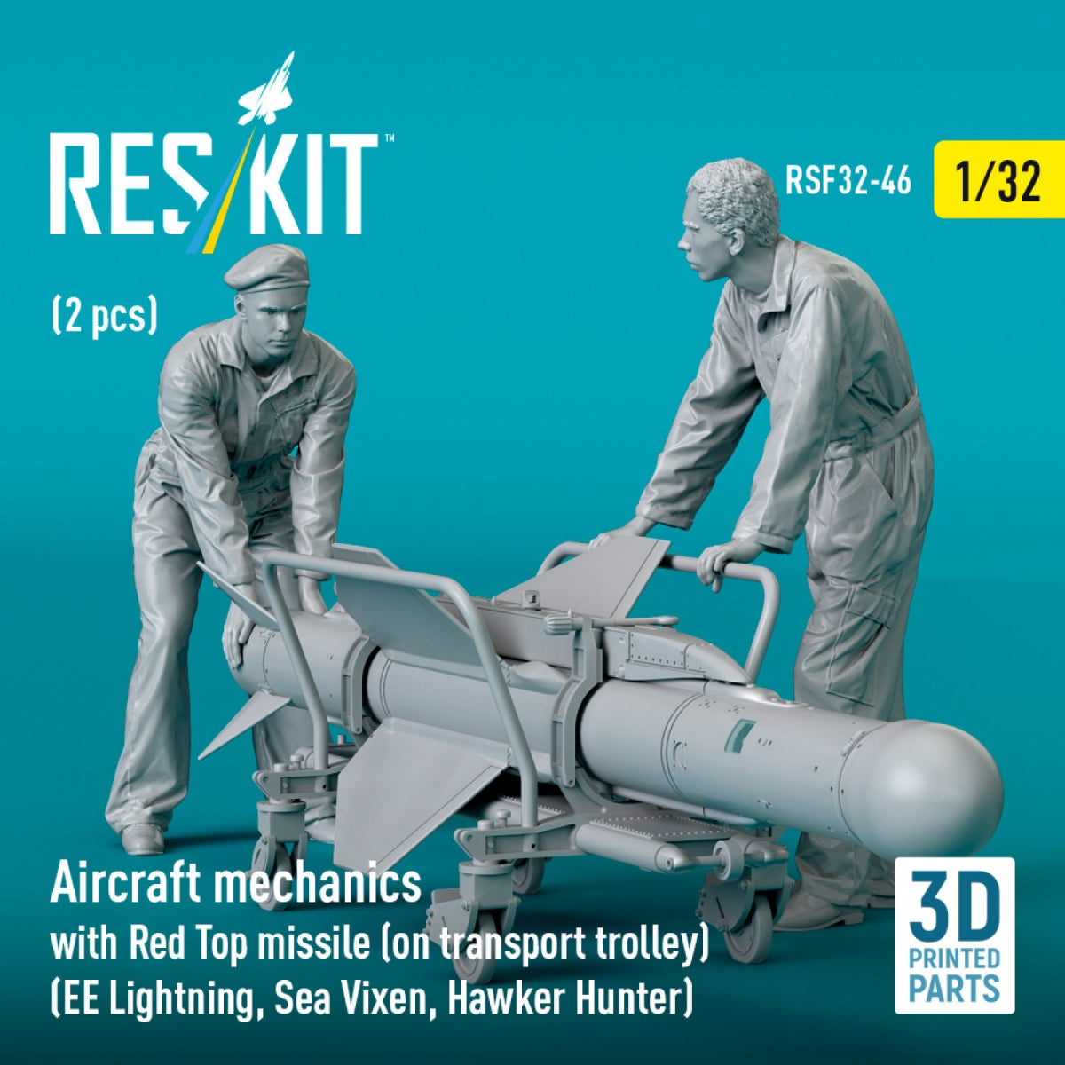 RESKIT RSF32-0046 Aircraft mechanics with Red Top missile (on transport trolley) (EE Lightning, Sea Vixen, Hawker Hunter) (2 pcs) (3D Printed) 1/32